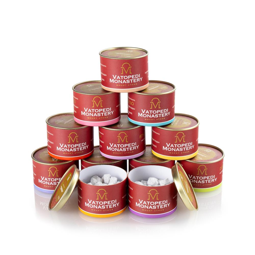 Pure Monastic Incense from Mount Athos with the Authentic Traditional Recipe 12 x 50g (Variety of 12 Scents)