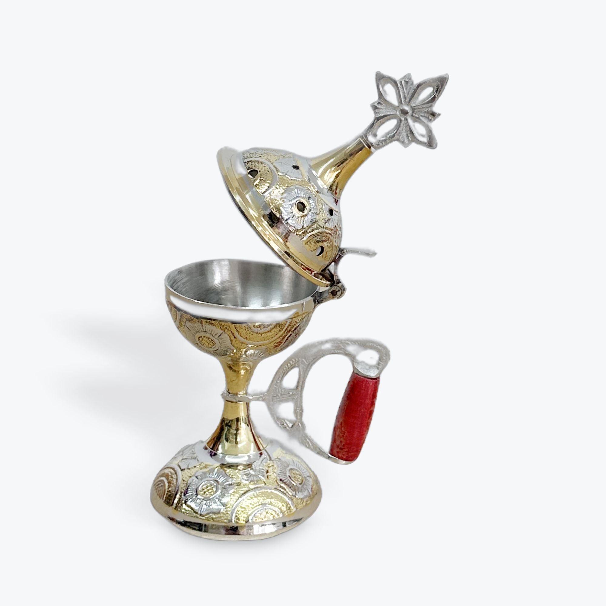 Cross Censer Incense Burner with Wooden Handle - Gold & Silver Finish