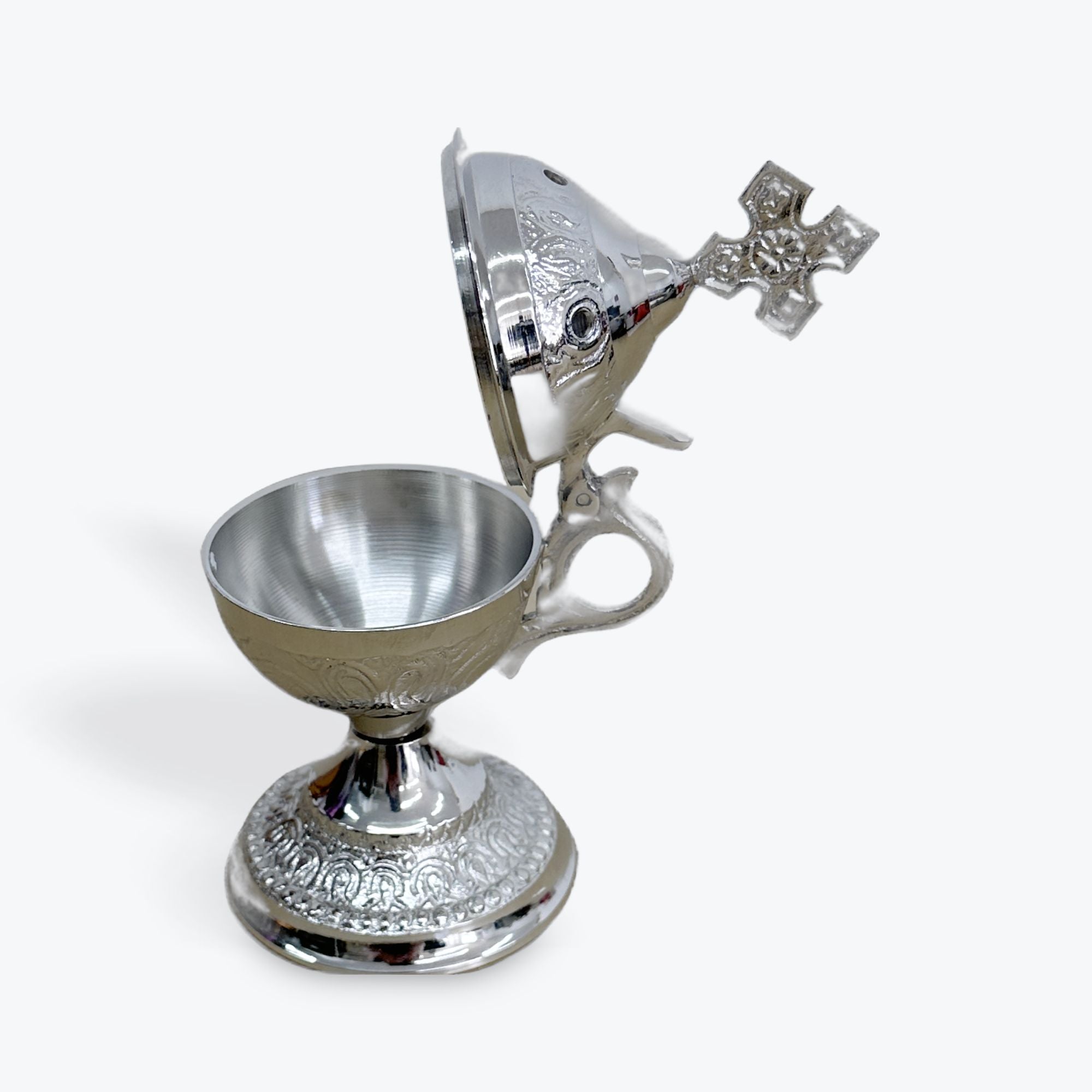 Nickel-Plated Hand Censer with Cross and Handle