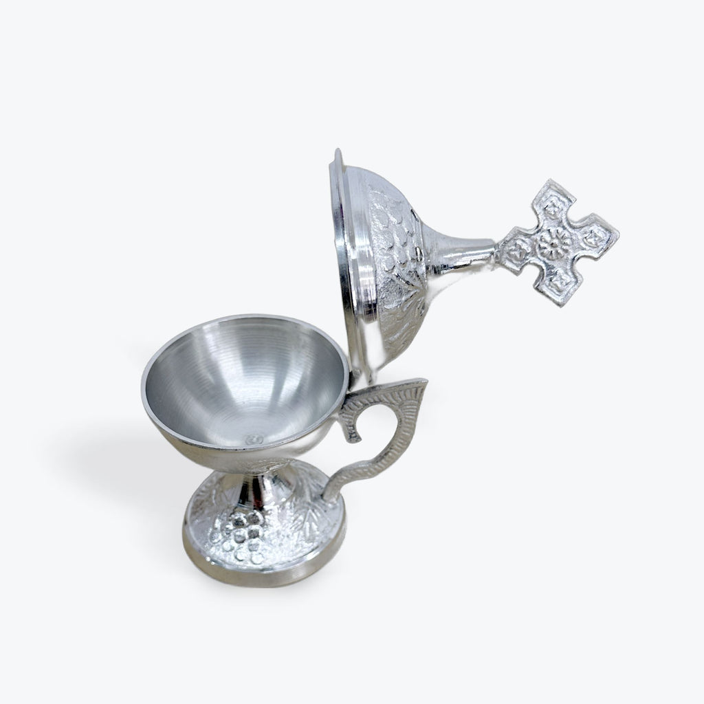 Incense Burner with Cross and Silver Brass Handle