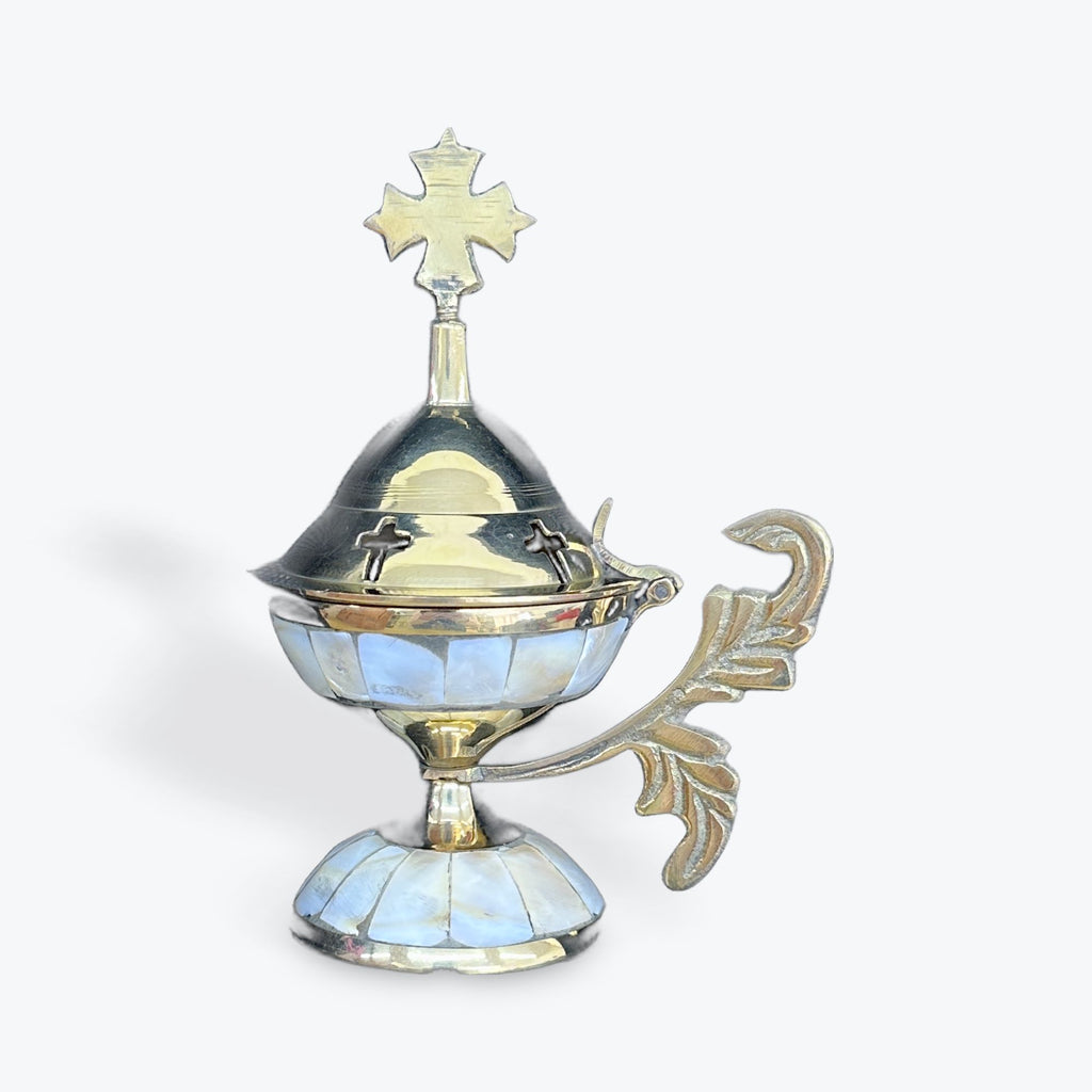 Bronze Censer Incense Burner with Mother of Pearl Inlay and Cross