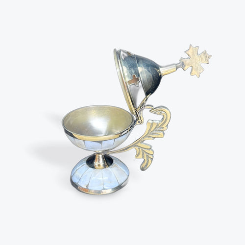 Bronze Censer Incense Burner with Mother of Pearl Inlay and Cross