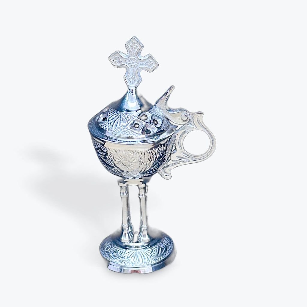 Brass Incense Burner – Nickel Plated with Cross and Handle