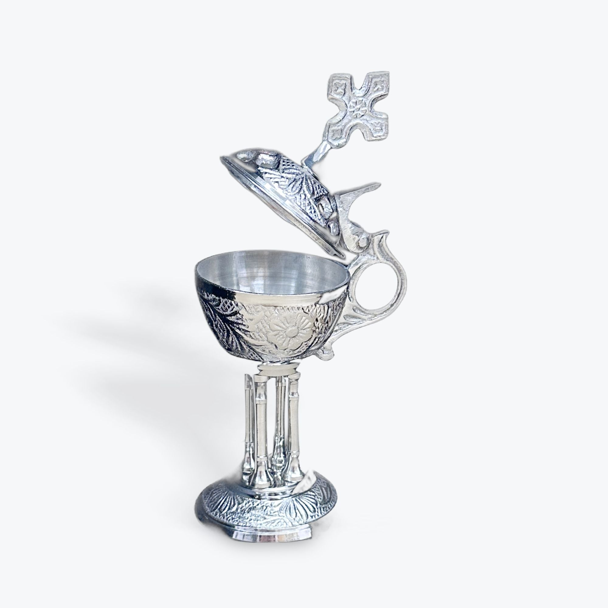 Brass Incense Burner – Nickel Plated with Cross and Handle