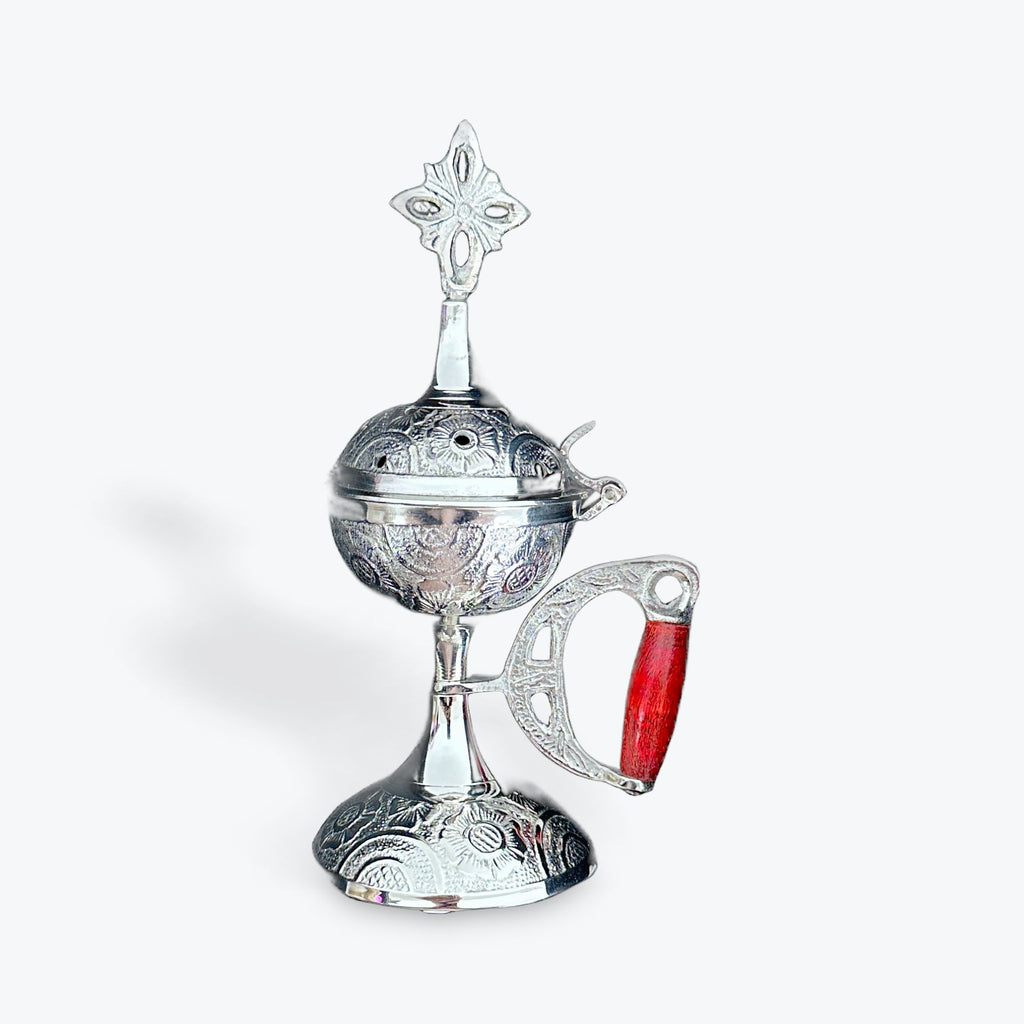 Cross Censer Incense Burner with Wooden Handle – Silver Finish