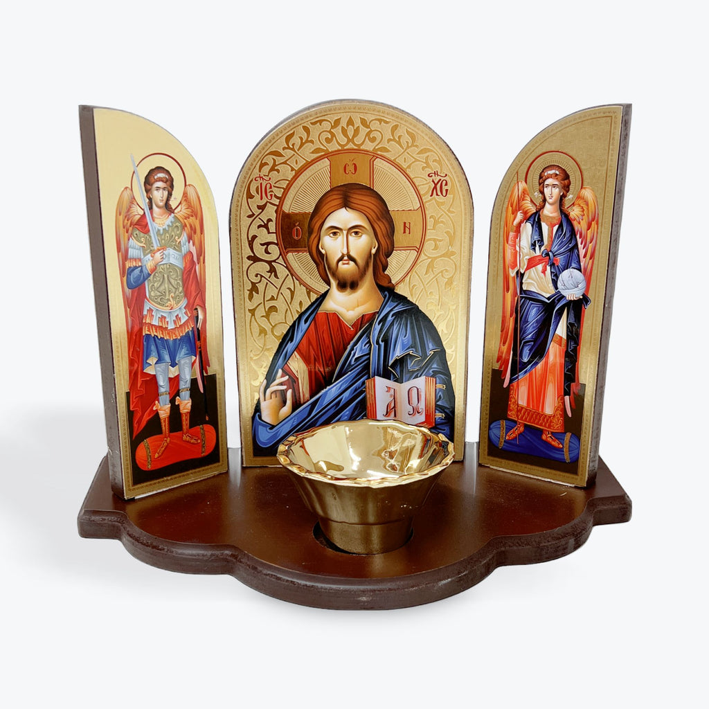 Triptych Icon with Vigil Lamp - Jesus Christ Pantocrator