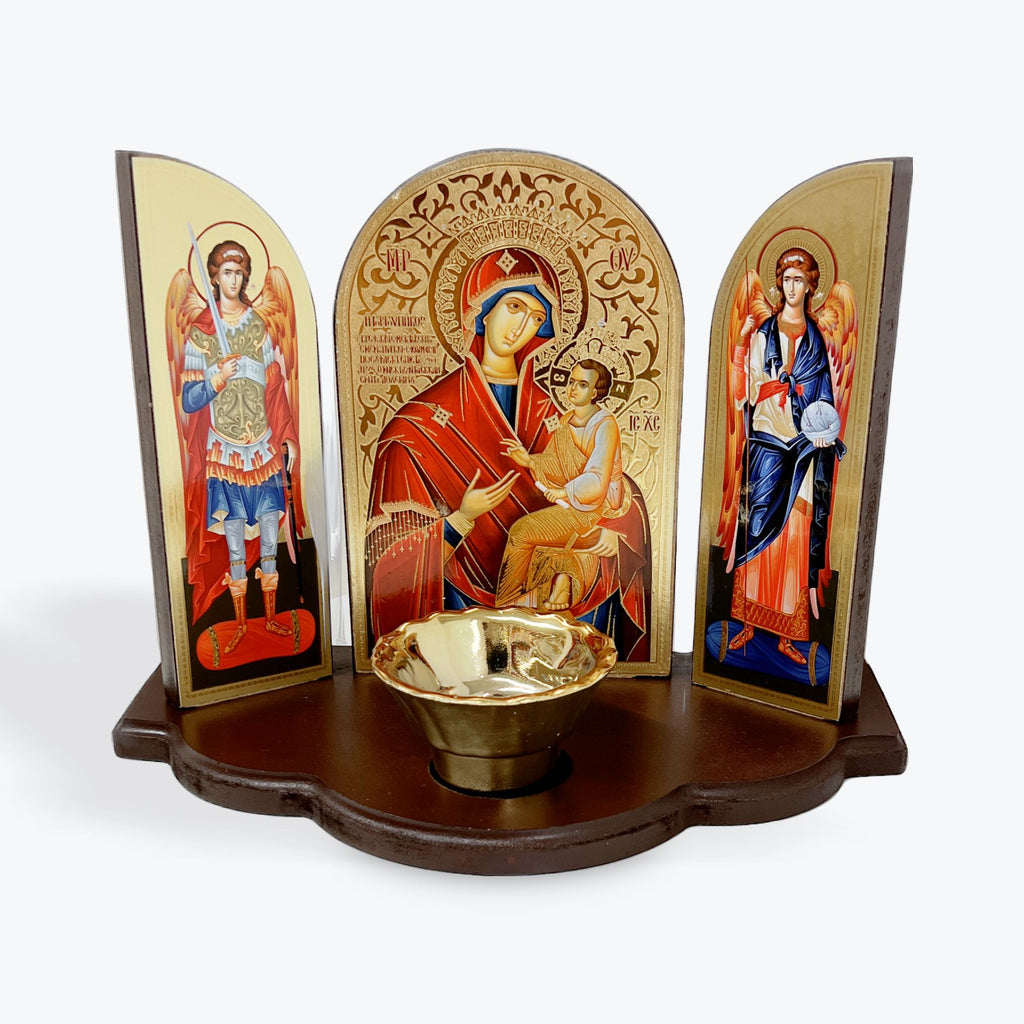 Triptych Icon with Vigil Lamp - Our Lady “Quick to Hear”