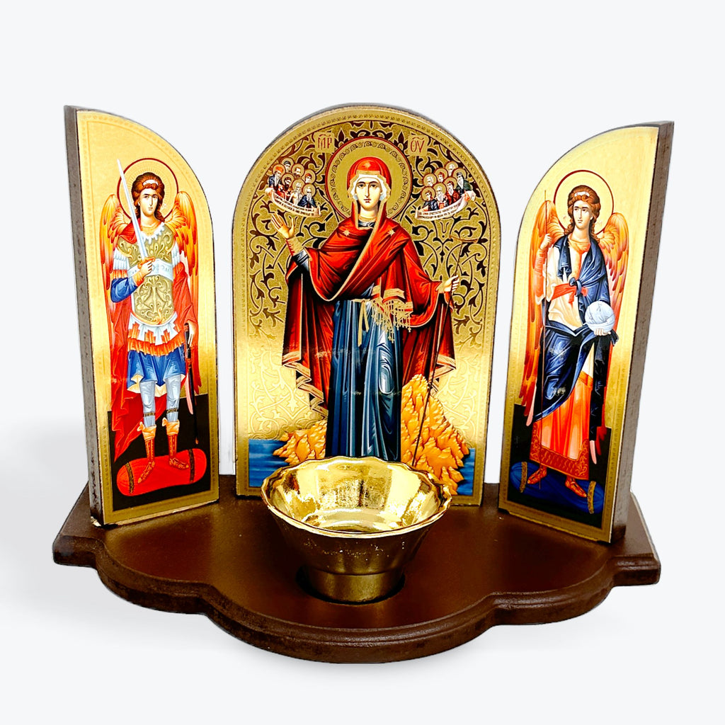 Triptych Icon with Vigil Lamp - The Mother of God, Protector of the Holy Mount Athos - "Afonitissa"