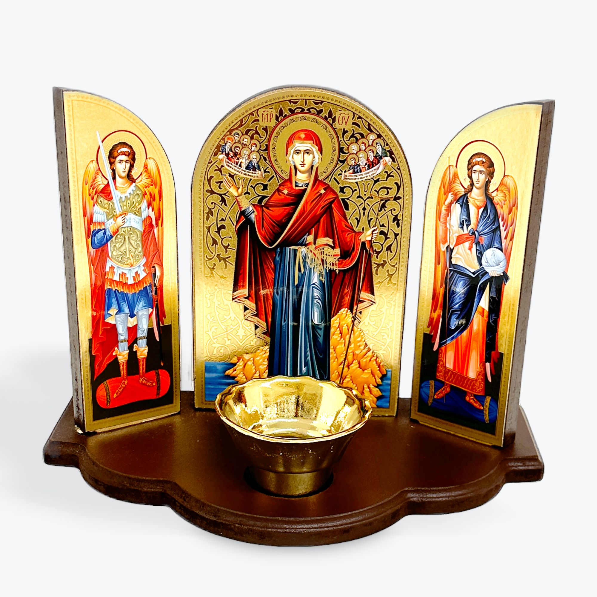 Triptych Icon with Vigil Lamp - The Mother of God, Protector of the Holy Mount Athos - "Afonitissa"