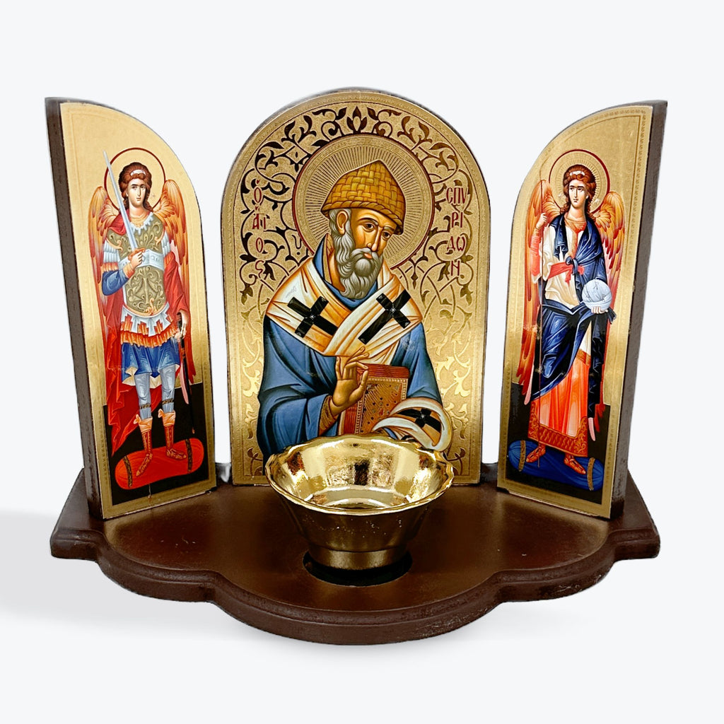 Triptych Icon with Vigil Lamp - Saint Spyridon