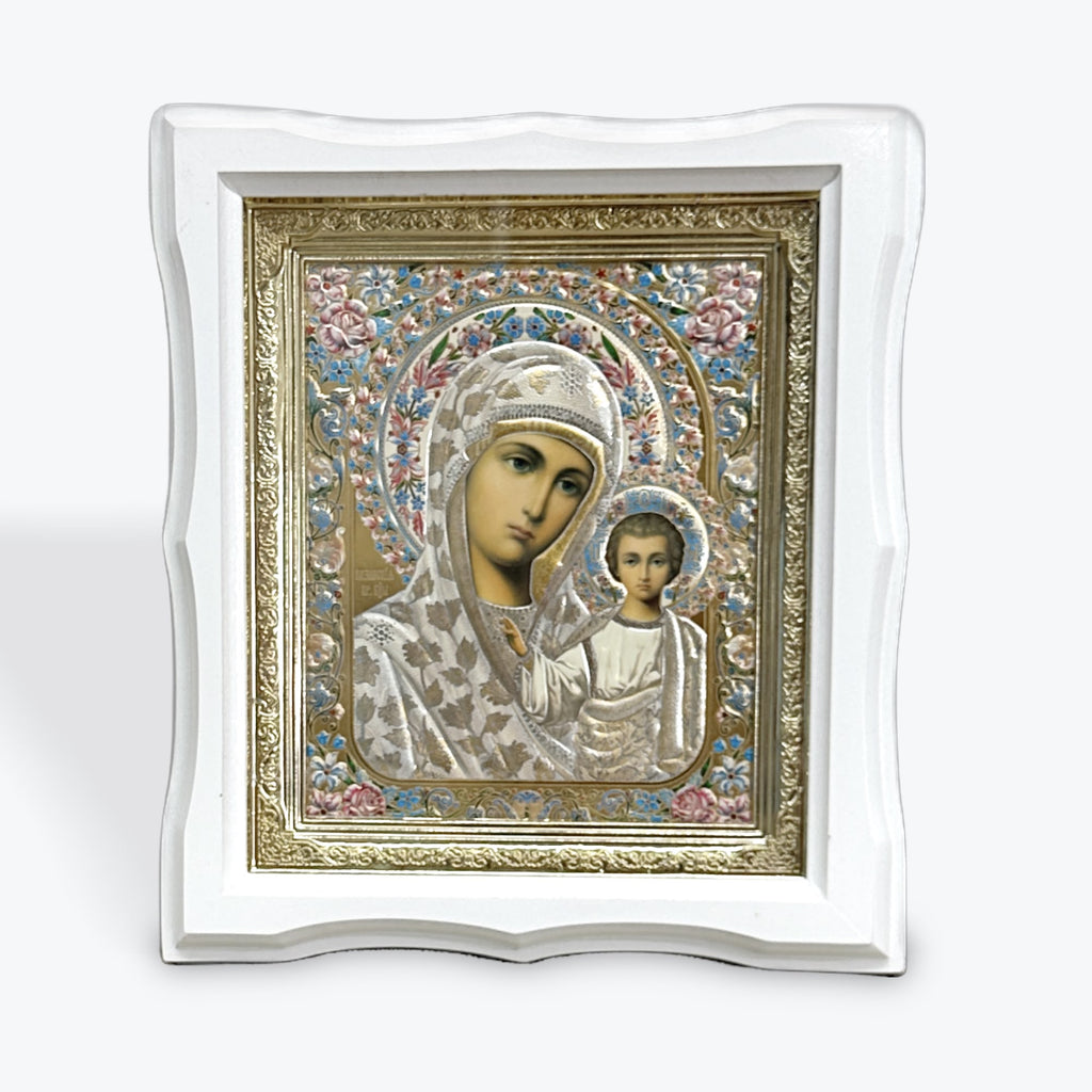 White Wooden Frame Icon of the Virgin Mary with the Child Jesus – 25 × 22 cm
