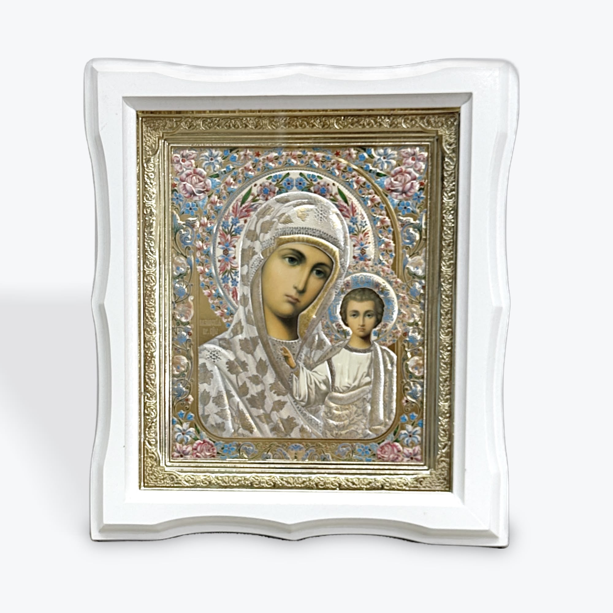 White Wooden Frame Icon of the Virgin Mary with the Child Jesus – 25 × 22 cm