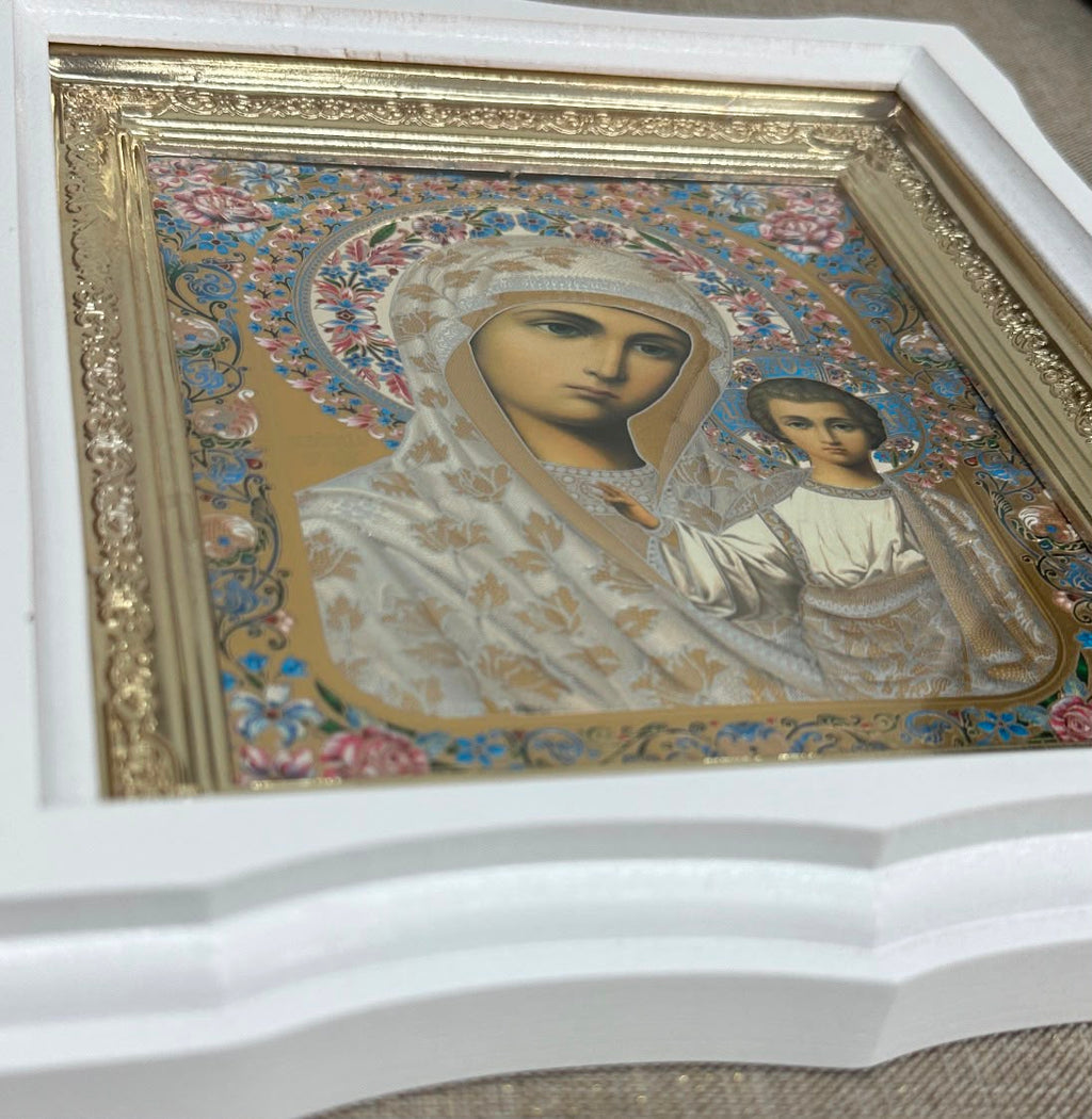 White Wooden Frame Icon of the Virgin Mary with the Child Jesus – 25 × 22 cm