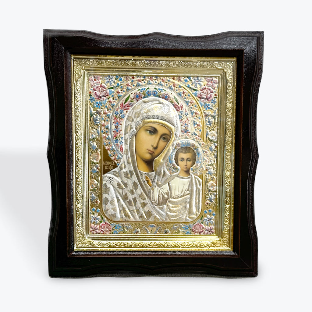 Brown Wooden Frame Icon of the Virgin Mary with the Child Jesus – 25 × 22 cm