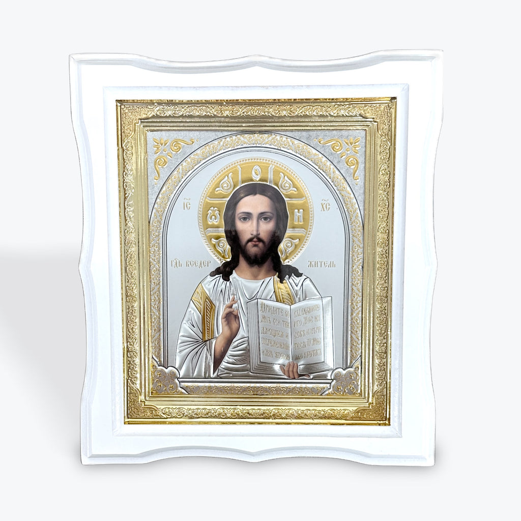 White Wooden Frame Icon of Jesus Christ – 25 × 22 cm