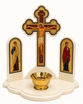 Golgotha Cross with Virgin Mary and Saint John the Evangelist Icon Panels & Gilded Ceramic Oil Lamp – 29 × 28 cm