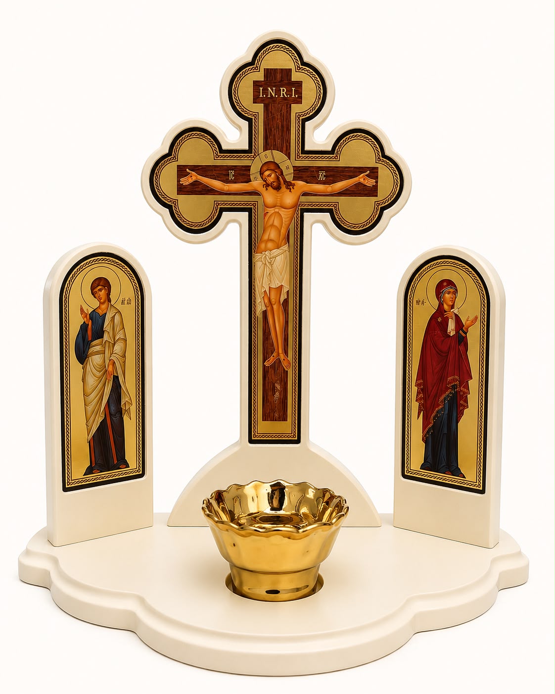 Golgotha Cross with Virgin Mary and Saint John the Evangelist Icon Panels & Gilded Ceramic Oil Lamp – 29 × 28 cm