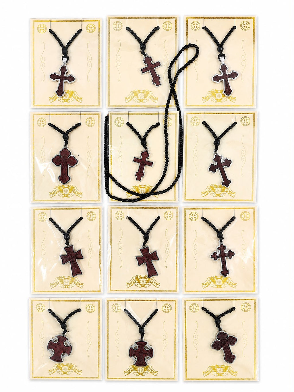 Beaded Necklaces with Wooden and Metal Cross Pendant - set of 12