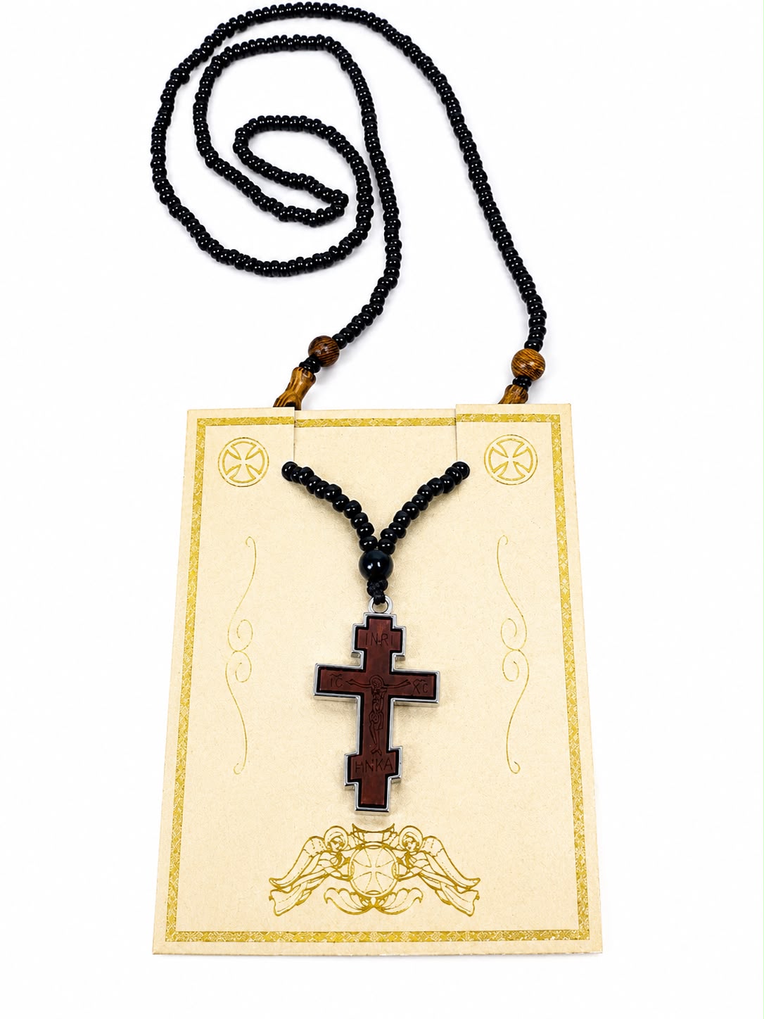 Beaded Necklaces with Wooden and Metal Cross Pendant - set of 12