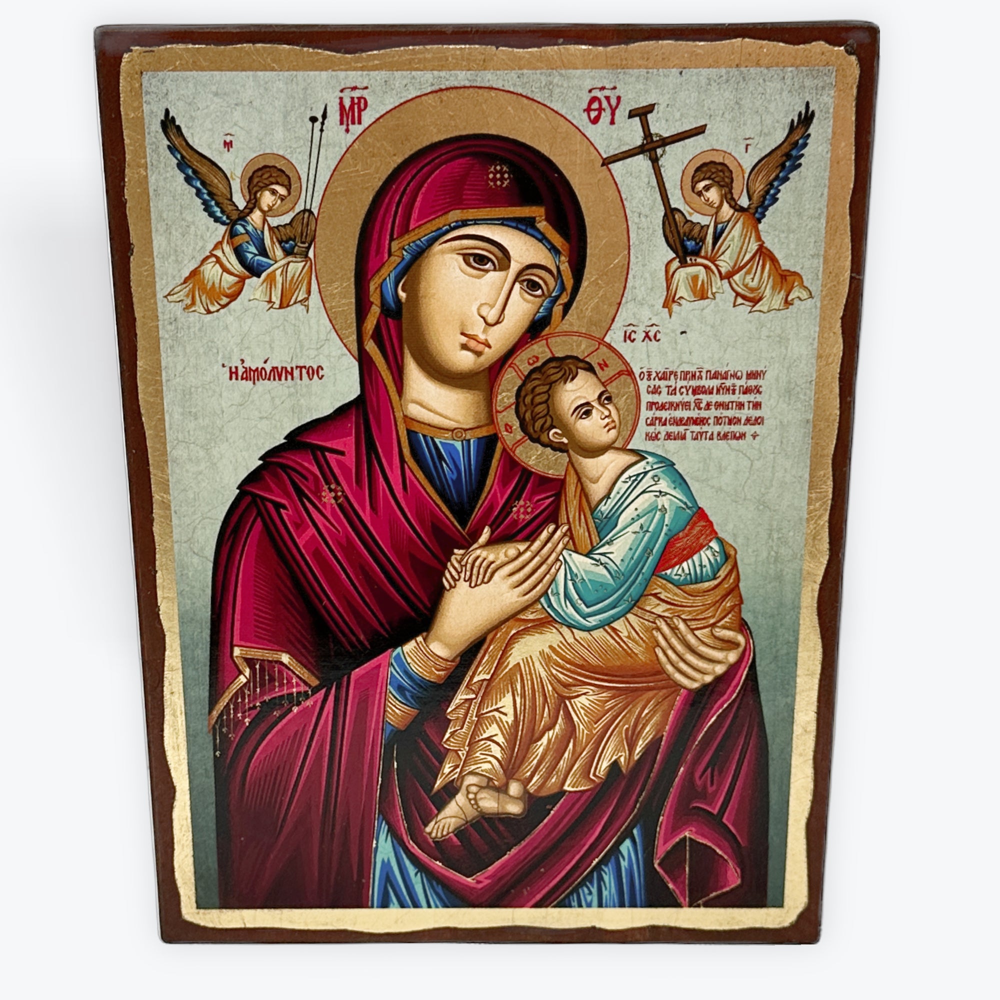 Virgin Mary Of Passion - Aged Wooden Icon In Canvas With Gold Background - Mount Athos