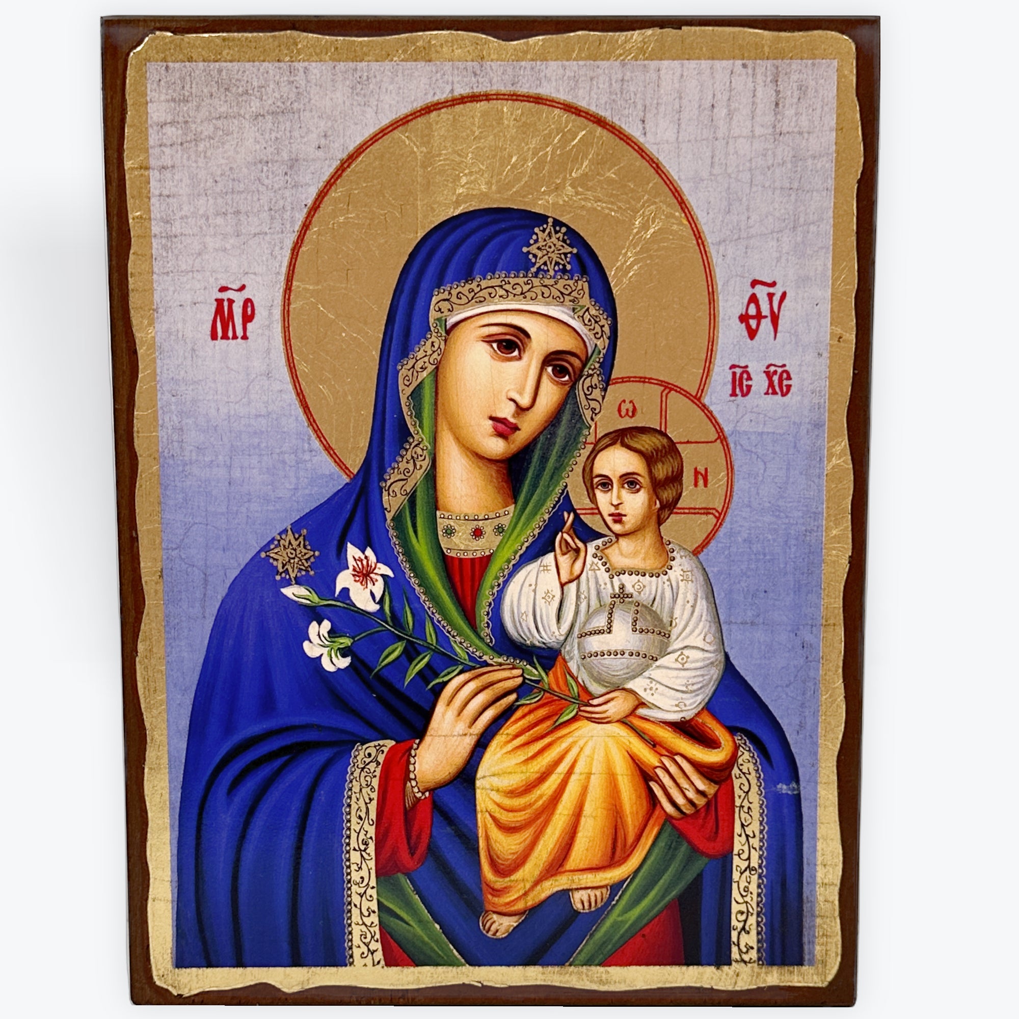 Virgin Mary Eternal Bloom - Aged Wooden Icon In Canvas With Gold Background - Mount Athos