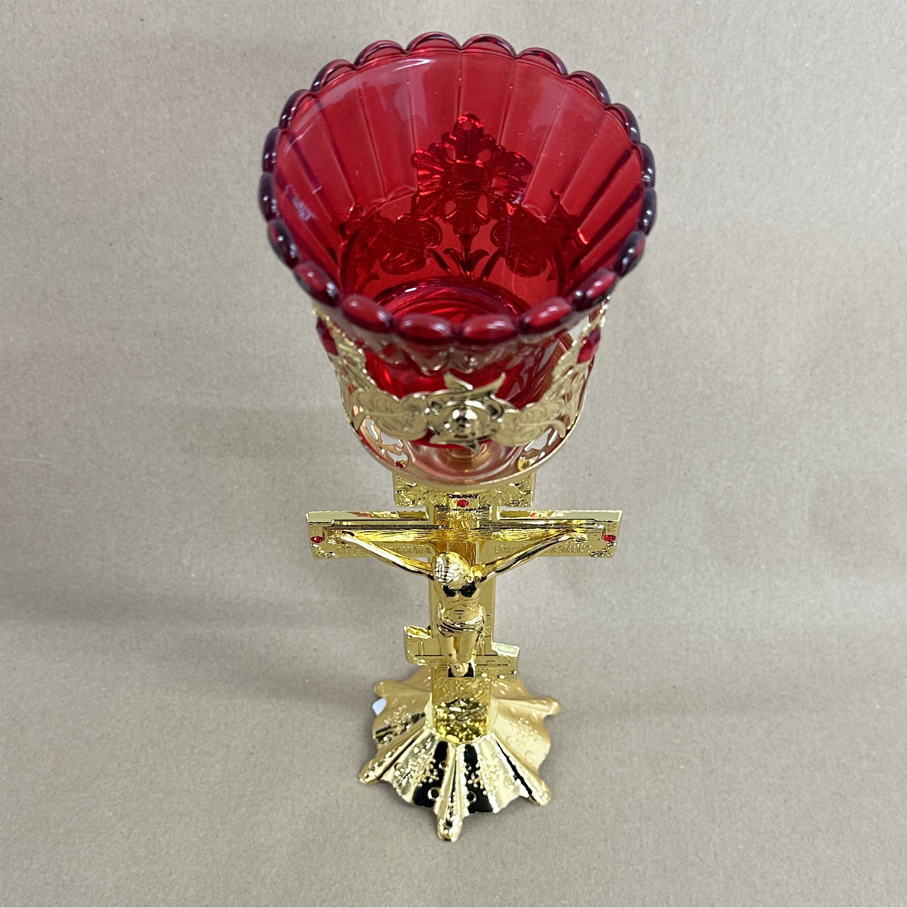 Large Gold-Colored Metal Oil Candle with Glass Cup