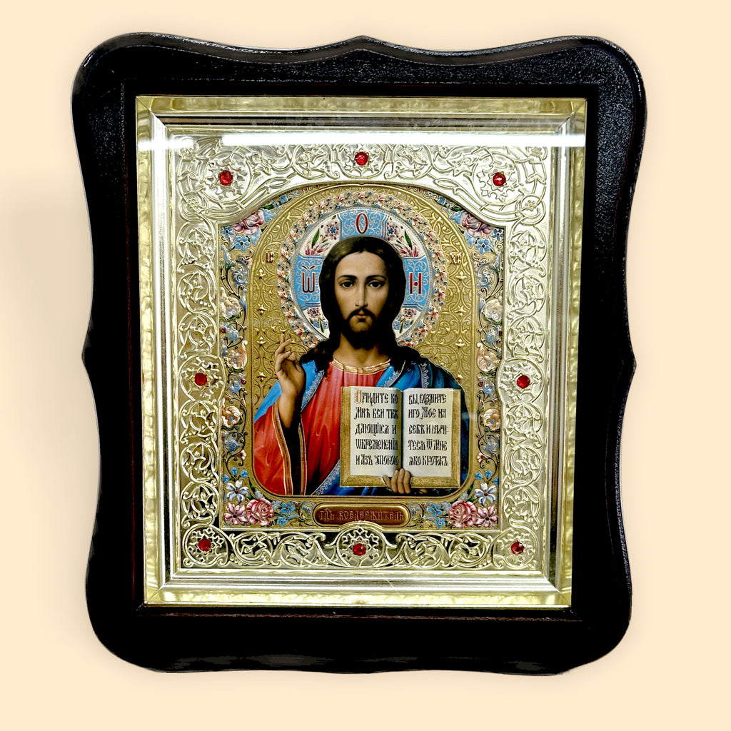 SET OF TWO ORTHODOX ICONS WITH WOODEN FRAME AND GLASS COVER