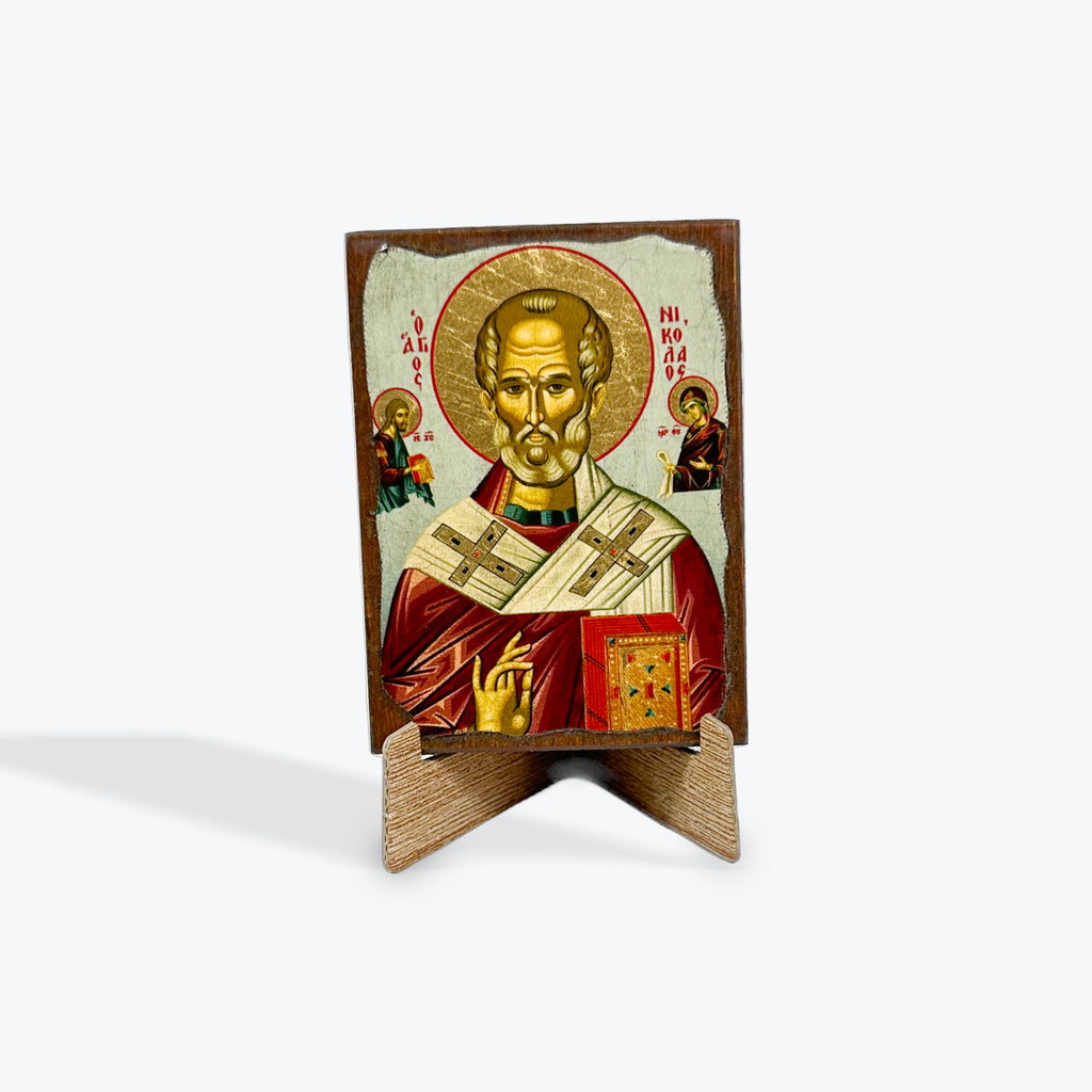 Aged Wooden Icon In Canvas With Gold Background - Mount Athos - 8 X 7 CM
