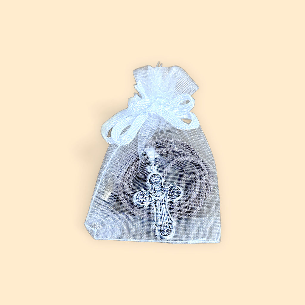 METAL CROSS PENDANT WITH BROWN CORD IN WHITE POUCH - 10 pcs