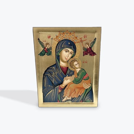 Virgin Mary Perpetual Help - Wooden Icon In Canvas With Gold Background On Carved Wood - Mount Athos