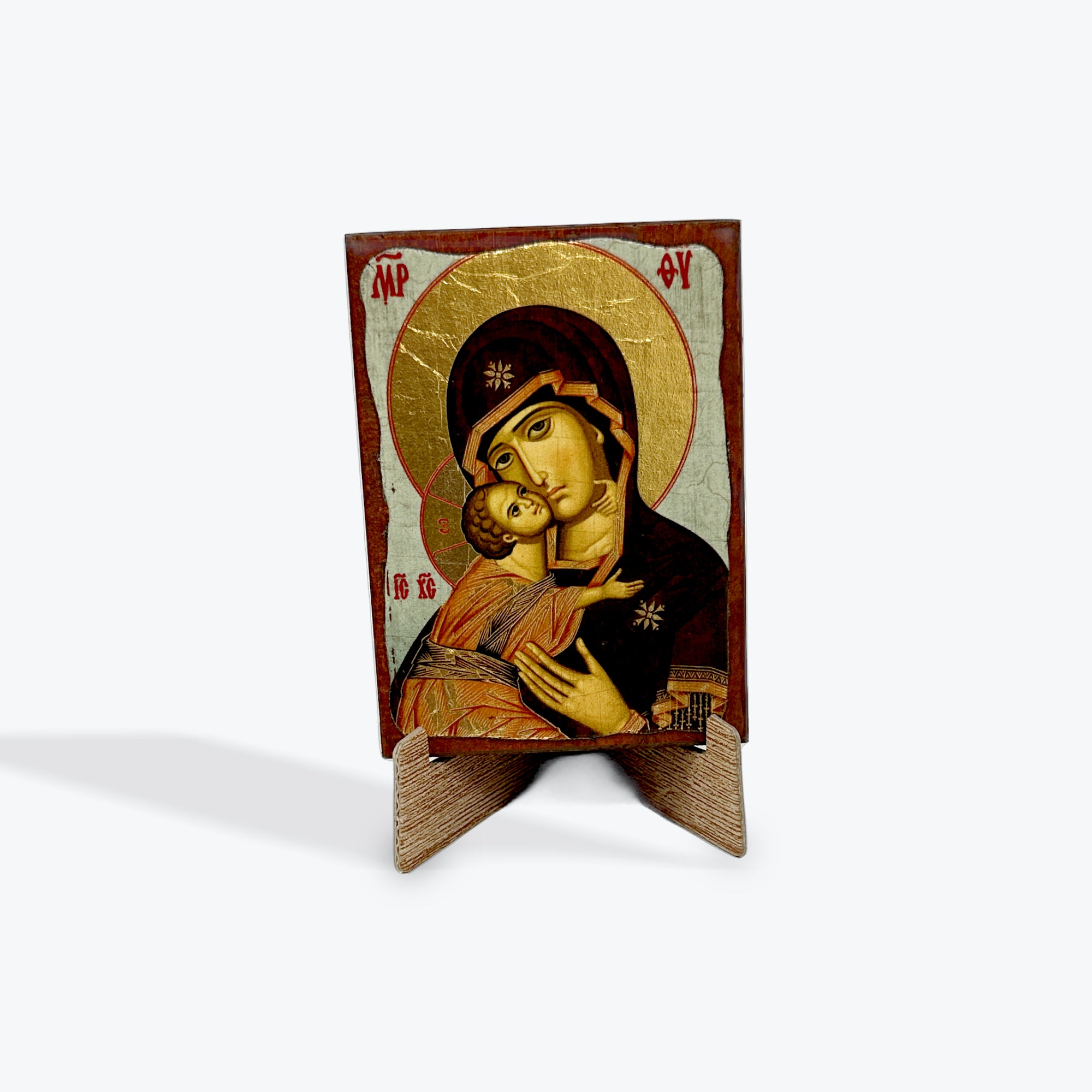 Aged Wooden Icon In Canvas With Gold Background - Mount Athos - 8 X 7 CM