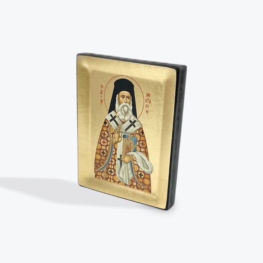 Saint Nektarios -  - Wooden Icon In Canvas With Gold Background On Carved Wood - Mount Athos