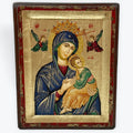 Virgin Mary Perpetual Help - Aged Wooden Icon In Canvas With Gold Background On Carved Wood - Mount Athos
