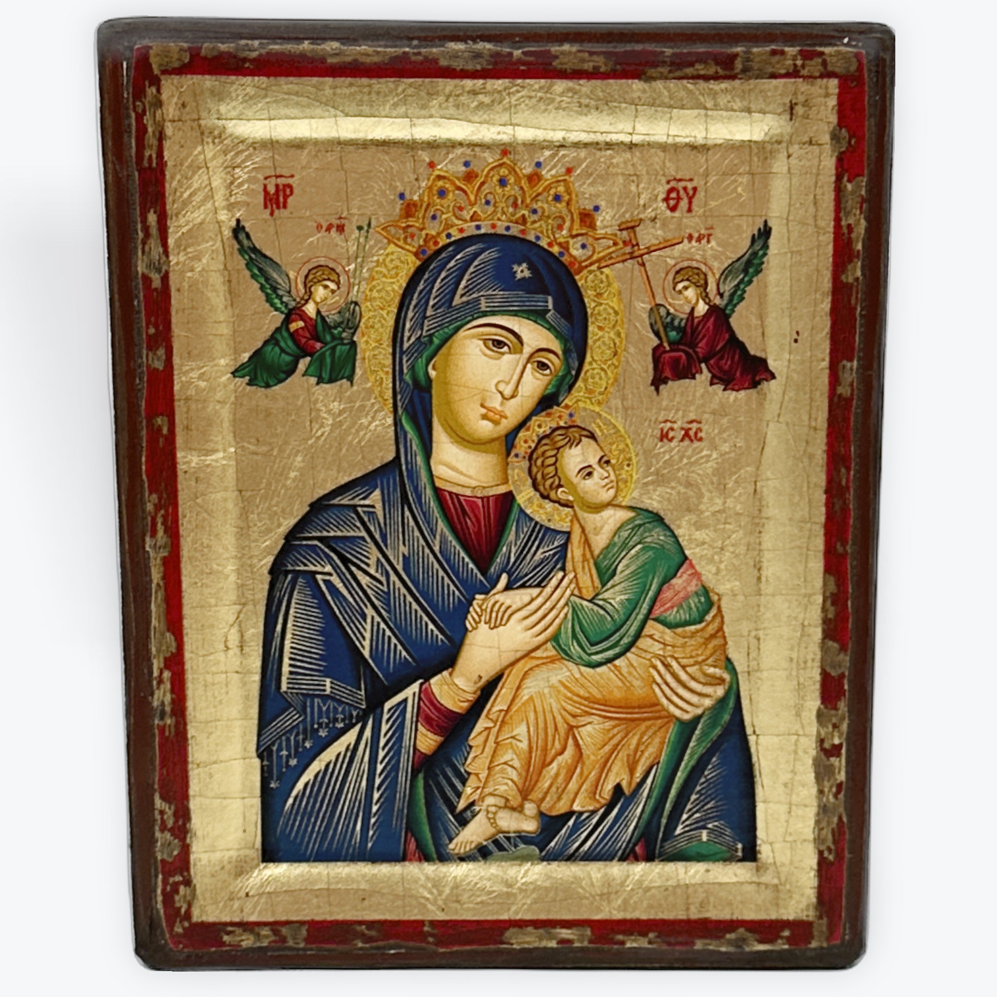 Virgin Mary Perpetual Help - Aged Wooden Icon In Canvas With Gold Background On Carved Wood - Mount Athos