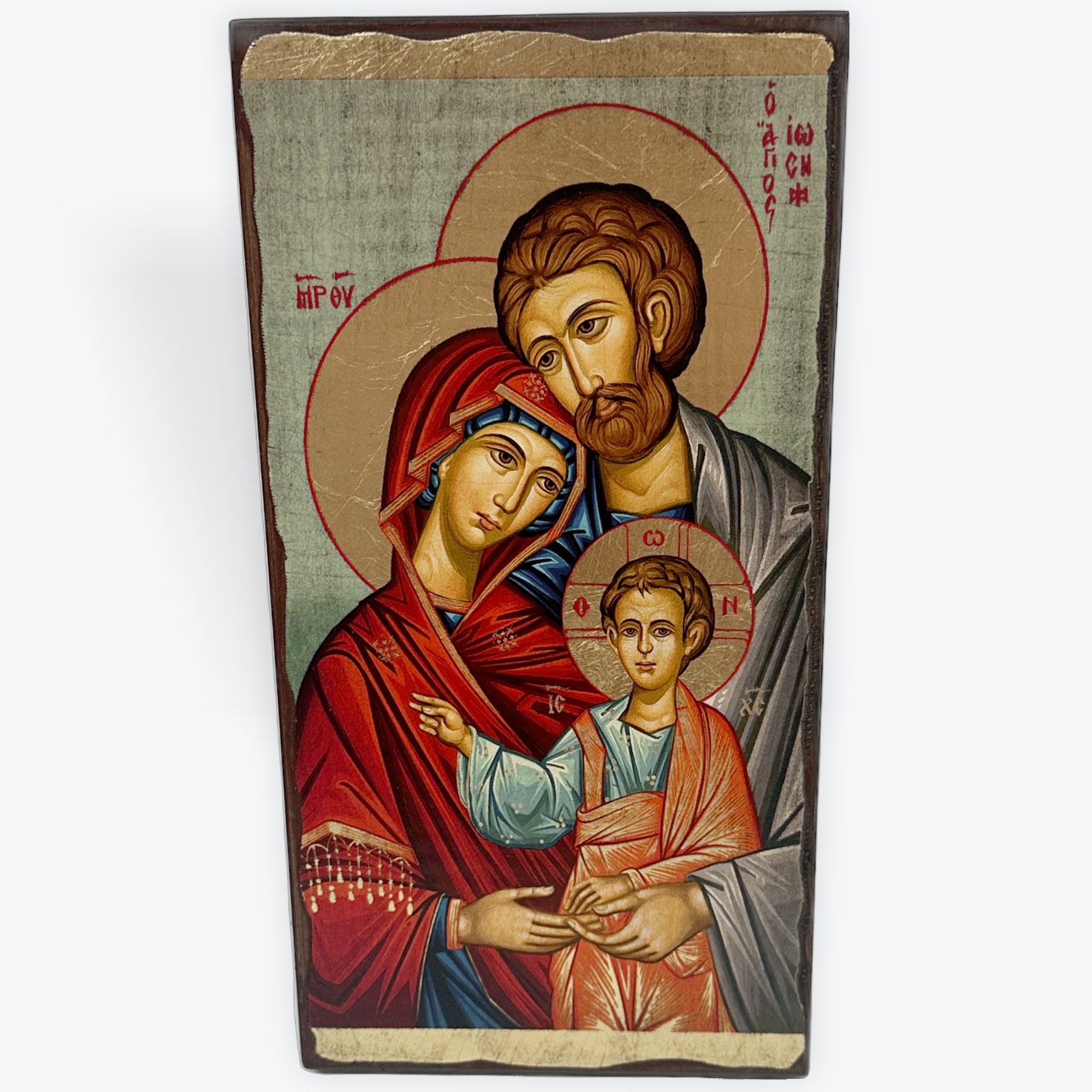 The Holy Family - Aged Wooden Icon In Canvas With Gold Background - Mount Athos