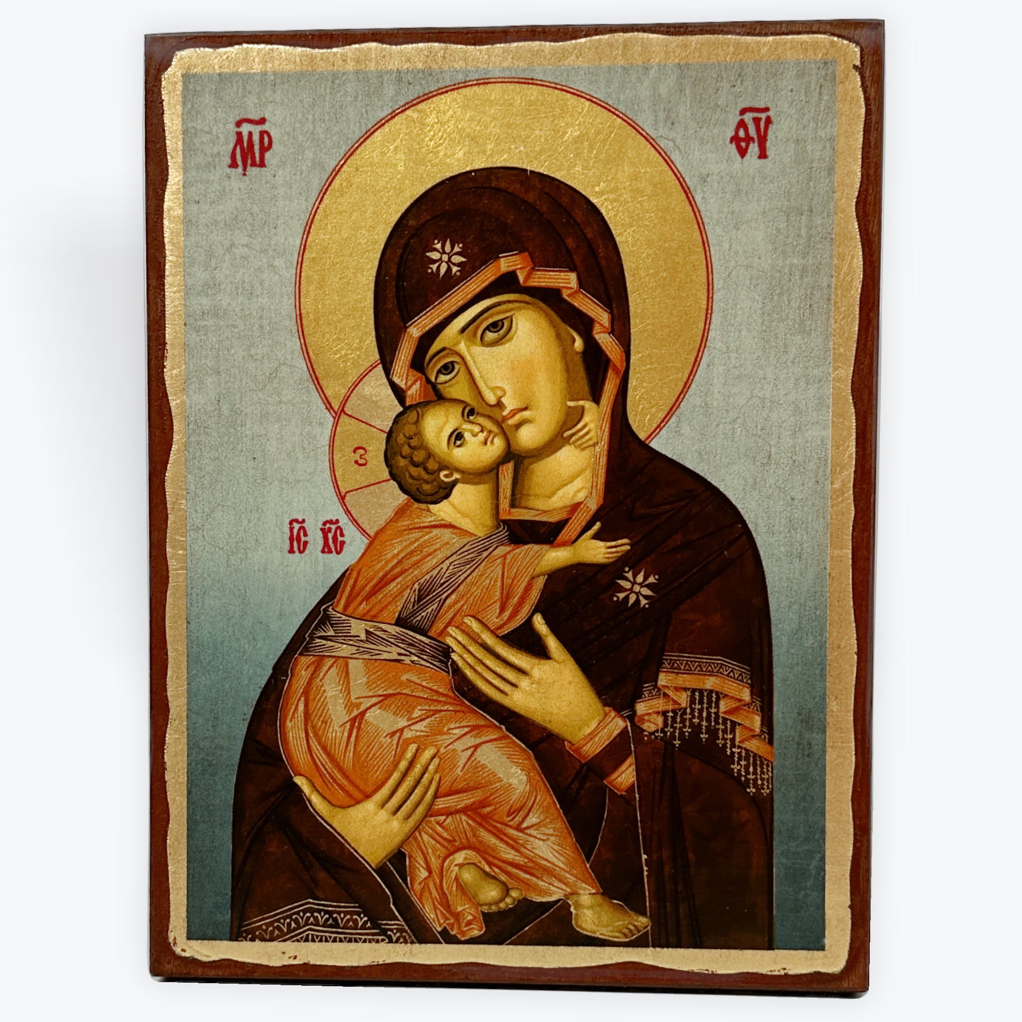 Virgin Mary Of Vladimir - Aged Wooden Icon In Canvas With Gold Background - Mount Athos