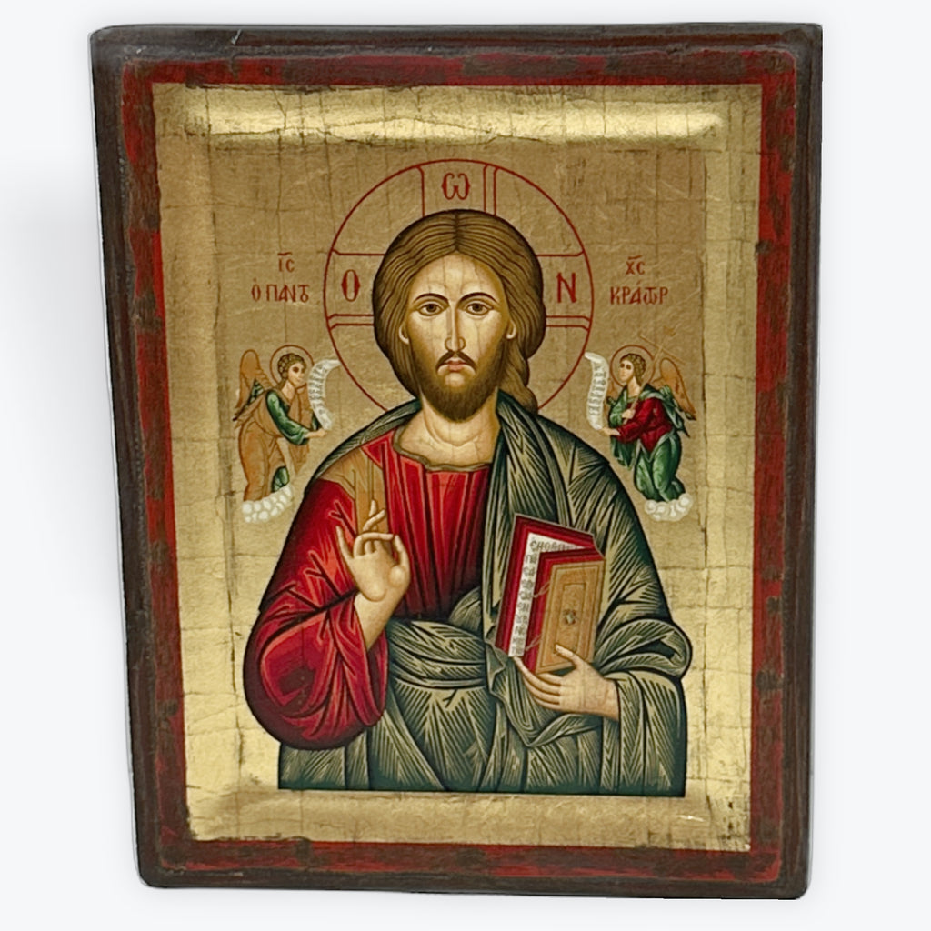 Jesus Christ From Kazan - Aged Wooden Icon In Canvas With Gold Background On Carved Wood - Mount Athos