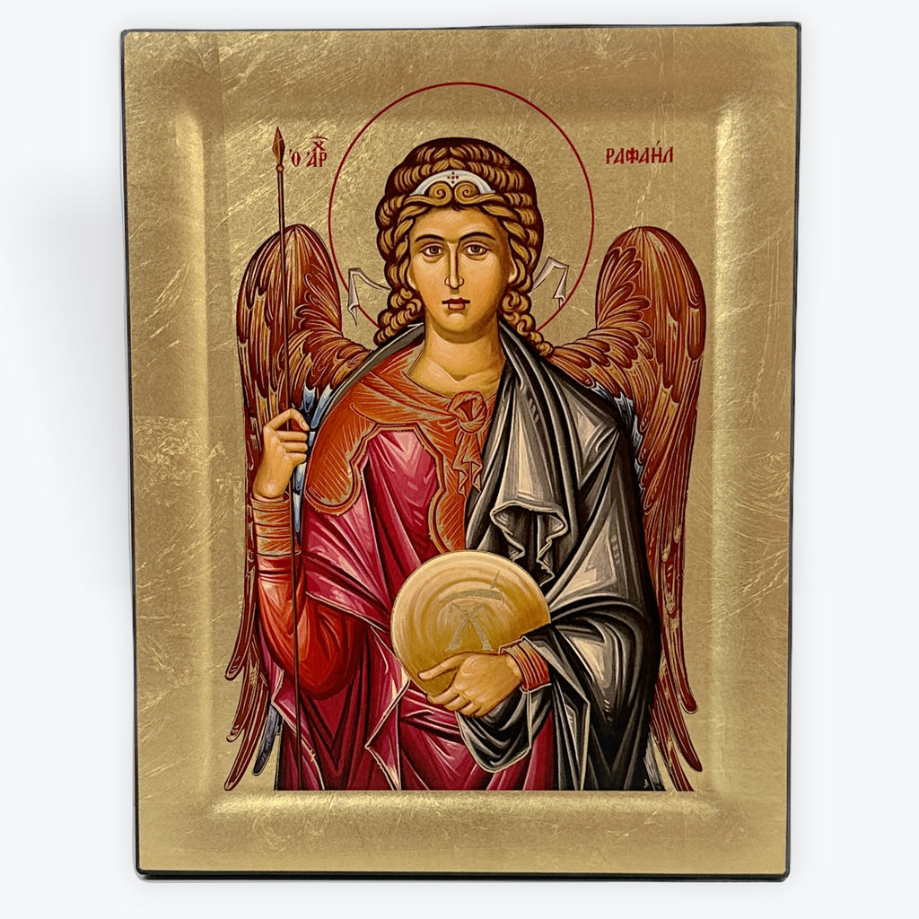 Archangel Raphael - Wooden Icon In Canvas With Gold Background On Carved Wood - Mount Athos