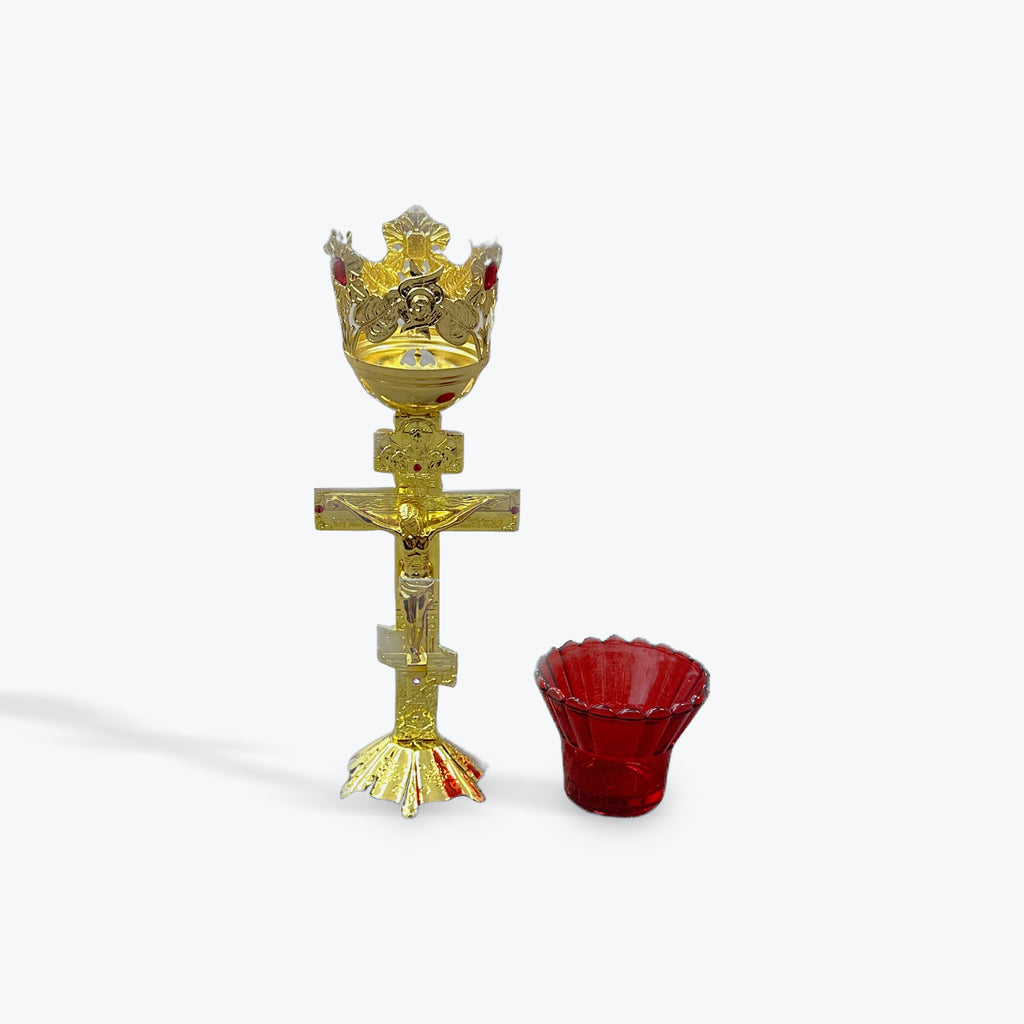 Large Gold-Colored Metal Oil Candle with Glass Cup