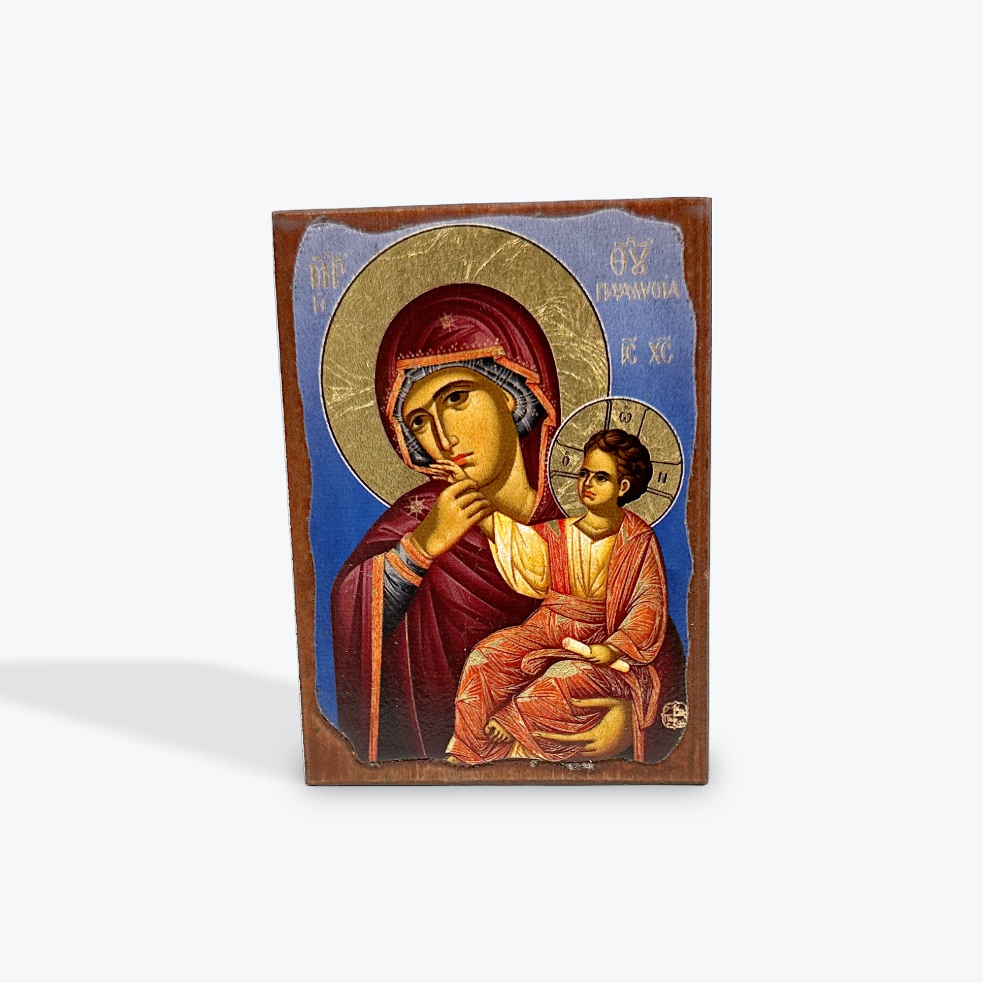 Aged Wooden Icon In Canvas With Gold Background - Mount Athos - 8 X 7 CM