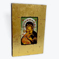 Virgin Mary Of Vladimir - Aged Wooden Icon With Silver Halo Locally Gold Plated - Mount Athos