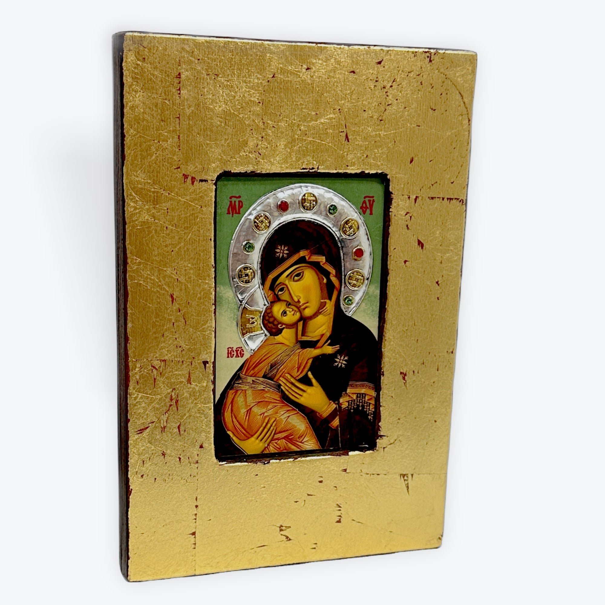 Virgin Mary Of Vladimir - Aged Wooden Icon With Silver Halo Locally Gold Plated - Mount Athos