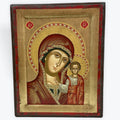 Virgin Mary Of Kazan - Aged Wooden Icon In Canvas With Gold Background On Carved Wood - Mount Athos