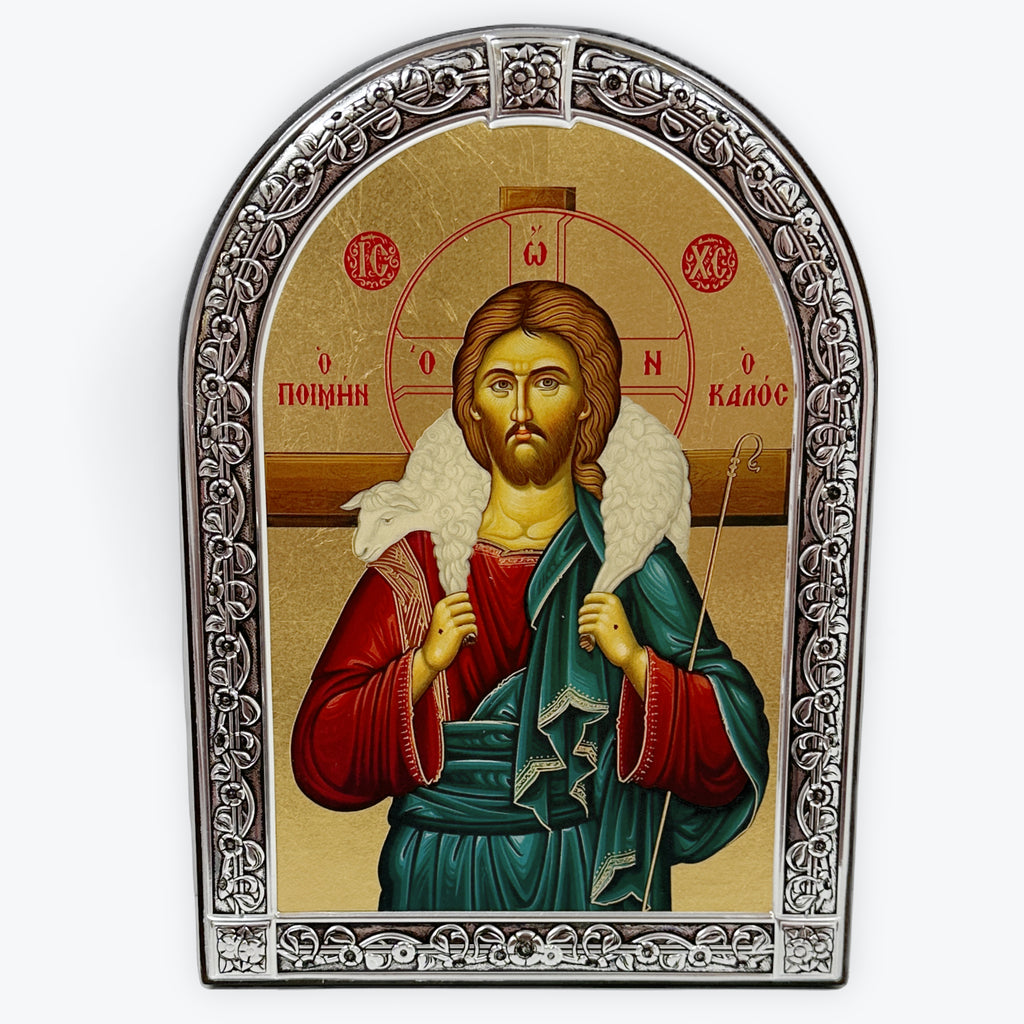 Jesus Christ Good Shepherd - Metallic Icon On Wood Locally Gold Plated - Mount Athos