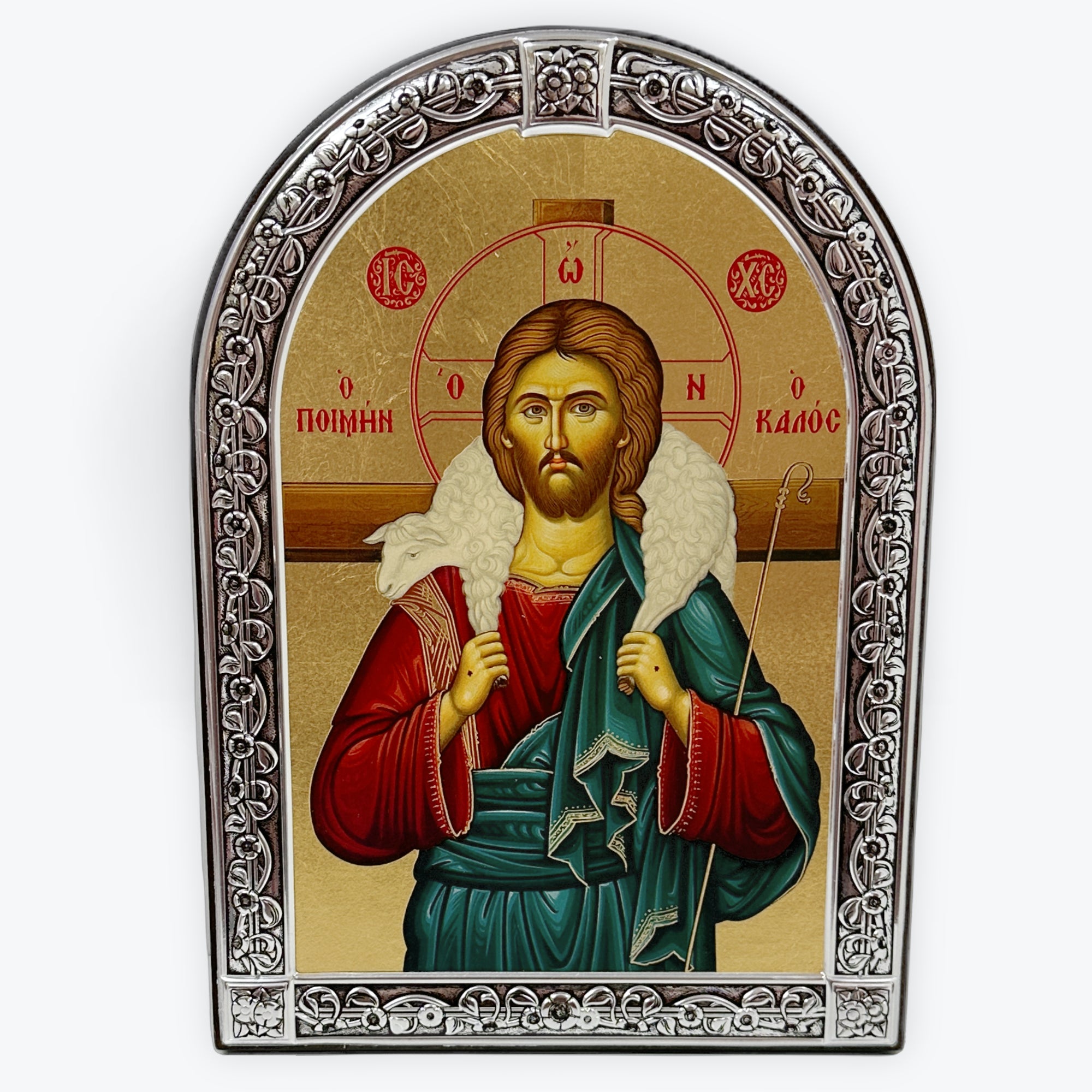 Jesus Christ Good Shepherd - Metallic Icon On Wood Locally Gold Plated - Mount Athos