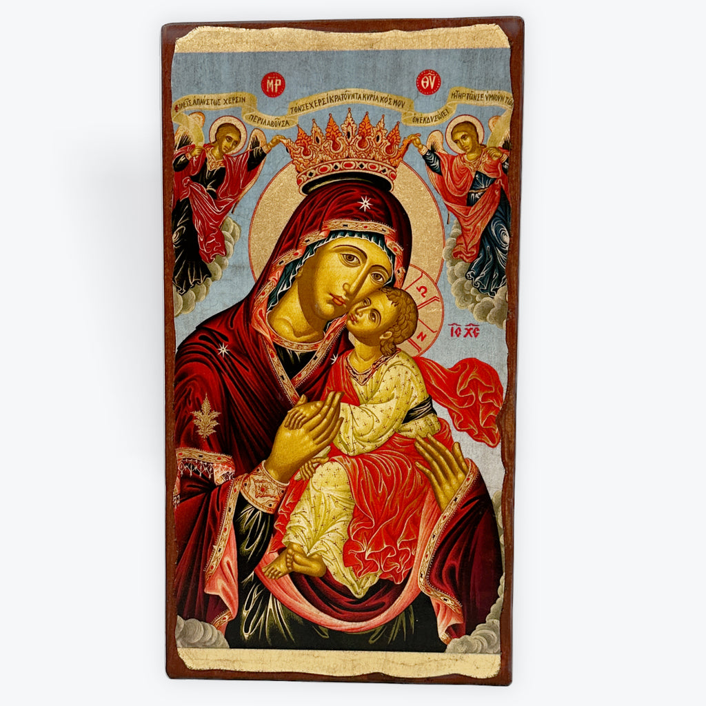 Virgin Mary Glykofilousa - Sweet Kissing - Aged Wooden Icon In Canvas With Gold Background - Mount Athos