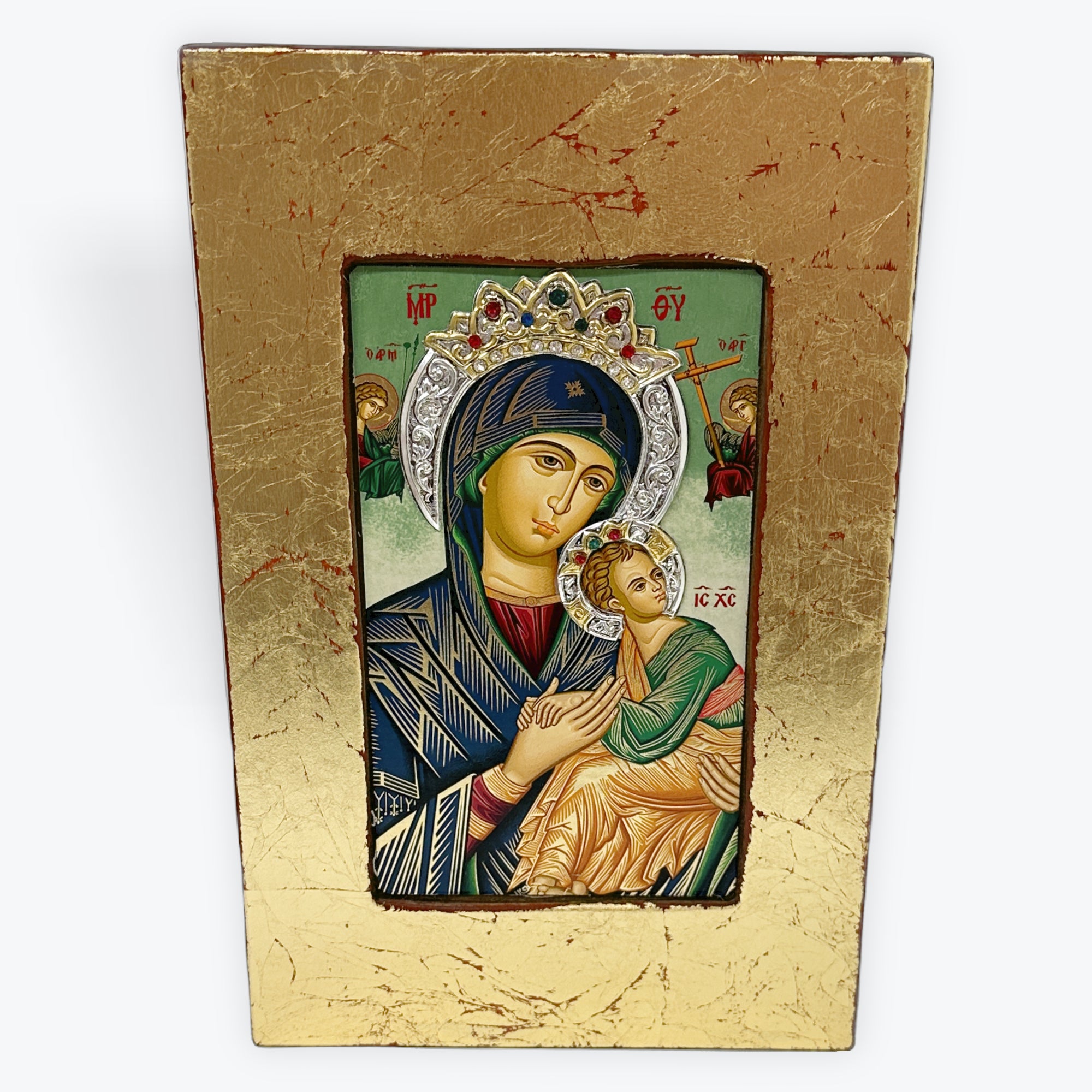 Virgin Mary Perpetual Help - Aged Wooden Icon With Silver Halo Locally Gold Plated - Mount Athos