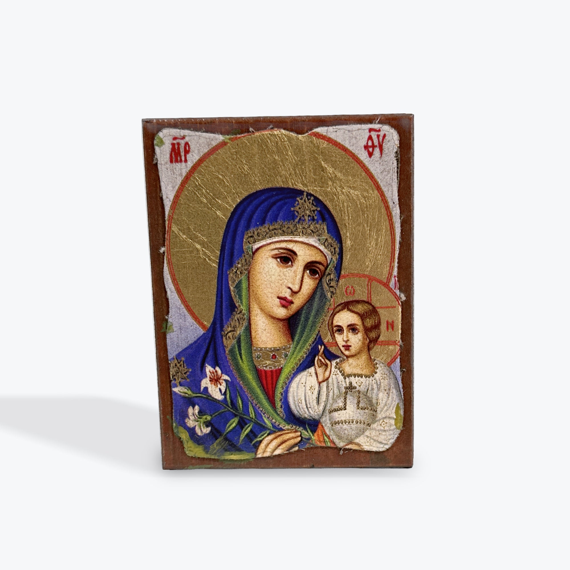 Aged Wooden Icon In Canvas With Gold Background - Mount Athos - 8 X 7 CM