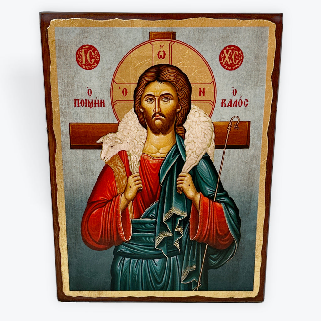 Jesus Christ Good Shepherd - Aged Wooden Icon In Canvas With Gold Background - Mount Athos