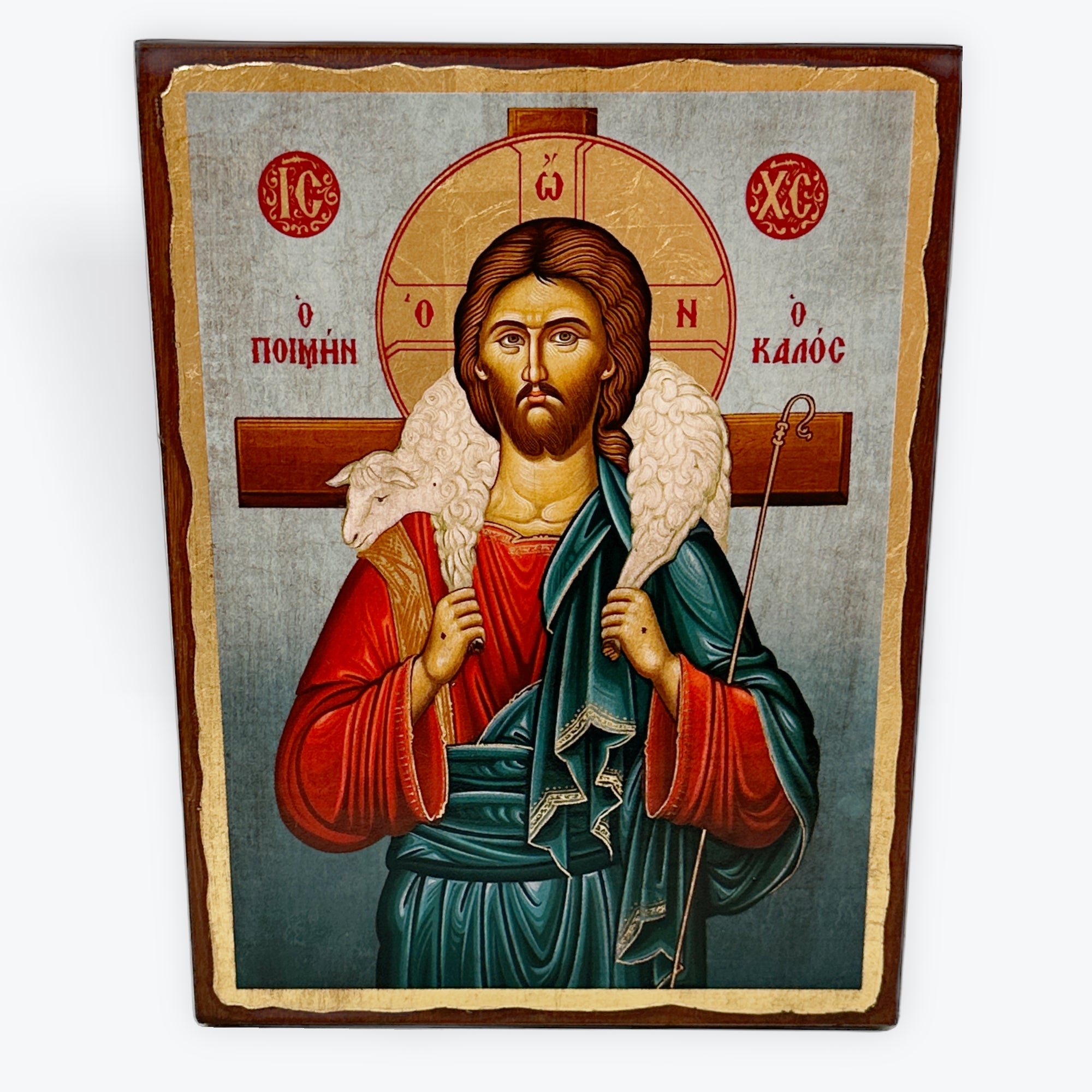 Jesus Christ Good Shepherd - Aged Wooden Icon In Canvas With Gold Background - Mount Athos